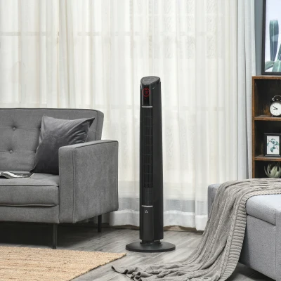 HOMCOM Ventilador Vertical 45W con Mando a Distancia 3 Velocidades 4 Modos Pantalla LED Temporizador 12h y Oscilante 70° Negro