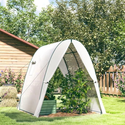 Outsunny Bogen-Gewächshaus mit Sandsäcken und Kunststoff-Abdeckung, 2 Rolltüren, Netzfenster, tragbar, 1,8 x 1,8 x 2 m, Weiß