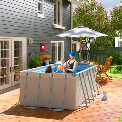 Outsunny Rectangle Pool with Ladder & Pump Steel Grey