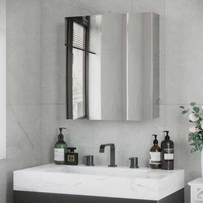 kleankin Spiegelschrank, Badschrank, 2 Spiegeltüren, 3 Innenböden, Edelstahl, Farbe: Silber, 54 x 13 x 60 cm