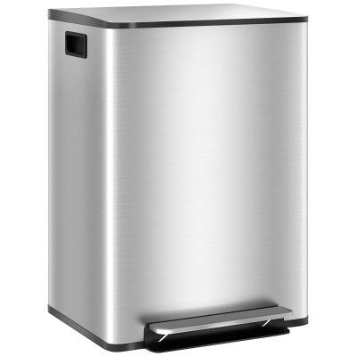 HOMCOM Cubo de Basura de Cocina con 2 Compartimentos 2x30L con Pedal Tapa de Cierre Suave y Cubo Extraíble Plata