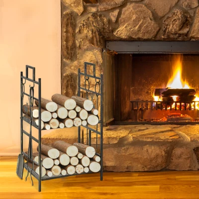 Outsunny Metal Firewood Rack 2 Tier with Tools Black Gold 51.5cm