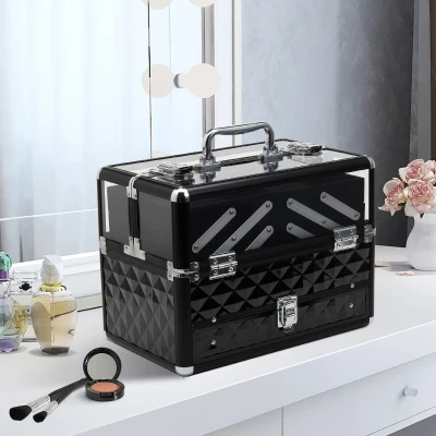 HOMCOM Maletín de Maquillaje Bisutería Organizador Cosméticos Portátil Múltiples Niveles Con Asa y Bandejas Desplegables Aleación de Aluminio 30x18,5x22 cm Transparente y Negro