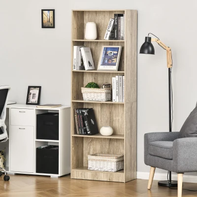 HOMCOM Librería Estantería de 5 Niveles para Libros con 3 Baldas Ajustables Antivuelco Almacenaje para Salón Oficina Estudio 63x29,5x176 cm Madera Natural