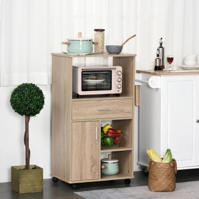HOMCOM Carro de Cocina para Microondas Aparador de Almacenaje con 4 Ruedas y Frenos Cajón Estantes Abiertos Compartimento con Puerta 60x40x108 cm Roble