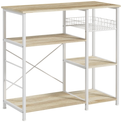 HOMCOM Estantería de Cocina con 1 Cesta 4 Ganchos en S 6 Almohadillas de Pie Ajustables y Estantes 90x40x84,5 cm Roble y Blanco