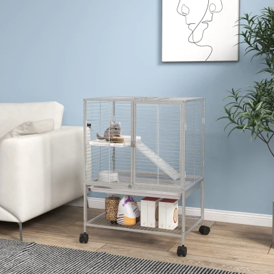 PawHut Cage Animaux 2 Niveaux Roulettes Gris 61,5x44,5x86cm