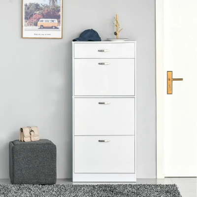 HOMCOM Shoe Cabinet High Gloss White 3 Flip Drawers
