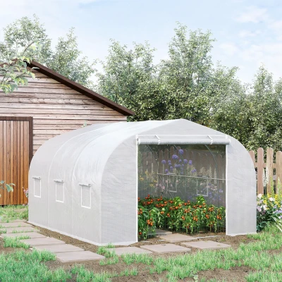 Outsunny Serre Tunnel 3,5x3m Acier PE Blanc Porte Fenêtres