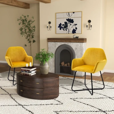 HOMCOM Accent Chair Velvet-Feel Plisse Yellow