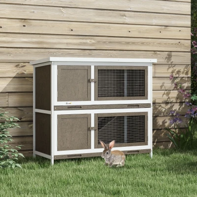 PawHut Conejera de Madera Jaula para Conejos de 2 Pisos 97x44x91 cm Techo Asfáltico Puertas Bandejas Extraíbles Marrón