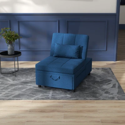 HOMCOM 4-in-1 Convertible Chair Bed Blue with Wheels