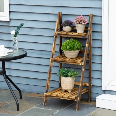 Outsunny 3-Etagen Pflanzenständer, klappbarer 93 cm hoch Blumenständer für Innen Außen, Pflanzenregal aus Holz, Blumentopfständer mit Tabletts, Blumentreppe für Wohnzimmer, Garten Balkon, Dunkelbraun