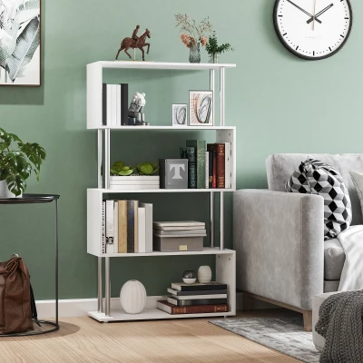 HOMCOM Librería en Forma S Estantería para Libros de 4 Niveles Mueble Estantería para Salón Oficina Estudio 80x30x145 cm Blanco