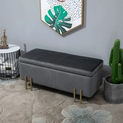 HOMCOM Sitzbank mit Stauraum Polsterbank mit Samtoptik, Sitztruhe mit Metallbeine, Truhenbank für Wohnzimmer Schlafzimmer Flur 100 x 40 x 42 cm, Dunkelgrau