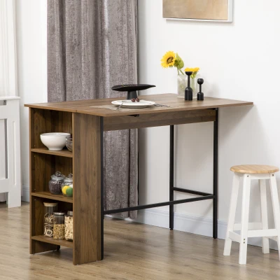 HOMCOM Mesa de Bar Extensible con 3 Estantes de Almacenamiento y Marco de Metal para Cocina Comedor 120x76x91,4cm Marrón