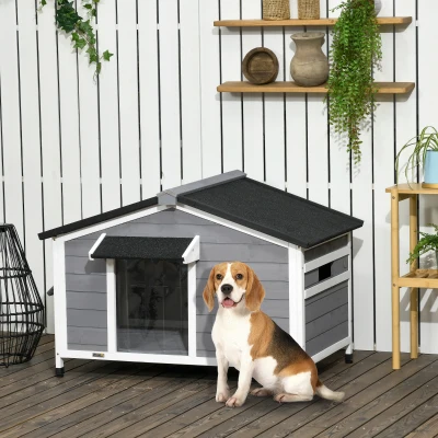 PawHut Hundehütte aus Massivholz, wetterbeständig, Asphaltdach, abnehmbarer Boden, 109 cm x 79 cm x 72 cm, Grau + Weiß