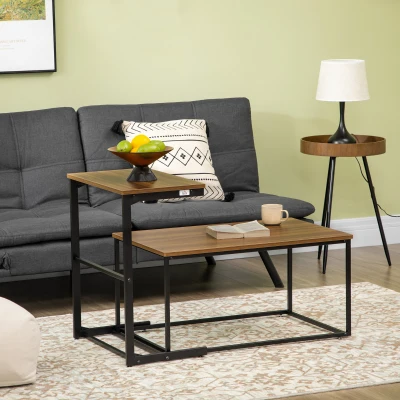 HOMCOM Set de 2 Mesas de Centro Auxiliares con Marco de Acero de Estilo Industrial 55x33,5x65 cm y 80x50x40 cm Nogal