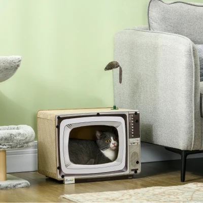 PawHut Rascador de Cartón para Gatos en Forma de Televisor con Ratón de Juguete 43x23x32,5 cm Arena