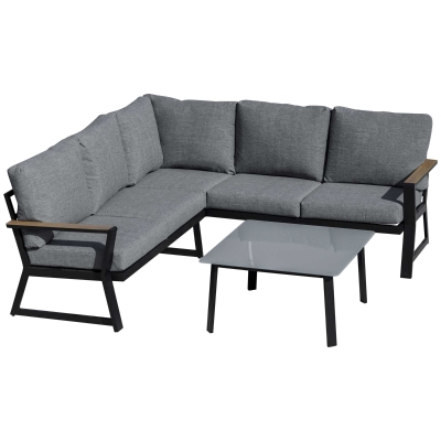Outsunny Gartenmöbel-Set für 4 Personen, Gartenmöbel, 1 Ecksofa und 1 Couchtisch, Aluminium Schwarz + Grau