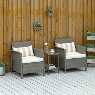 Outsunny Rattan Bistro Set with Cushions Light Grey