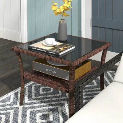 Outsunny 50cm Rattan Coffee Table with Glass Top, Brown
