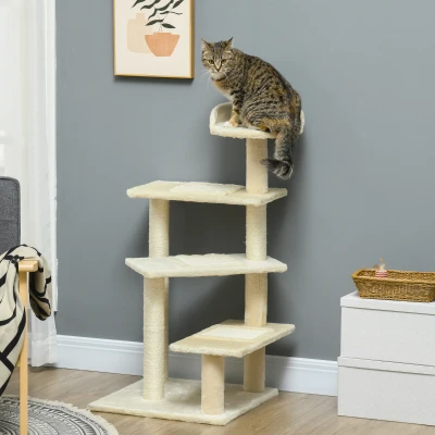 PawHut Kratzbaum 100 cm Katzenturm mit Sisalstämme, große Plattform, mehrstöckiger Katzenkratzbaum, Kletterbaum, für kleine & mittelgroße Katzen, Beige