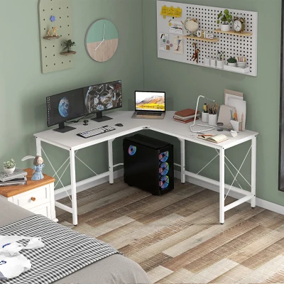 HOMCOM Scrivania Angolare Moderna in Legno e Acciaio Bianca