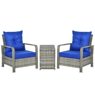 Outsunny 3 Pieces Rattan Bistro Set, Wicker Garden Furniture Set with Storage Coffee Table and Chairs, Thickened Cushions for Outdoor, Patio, Balcony, Blue
