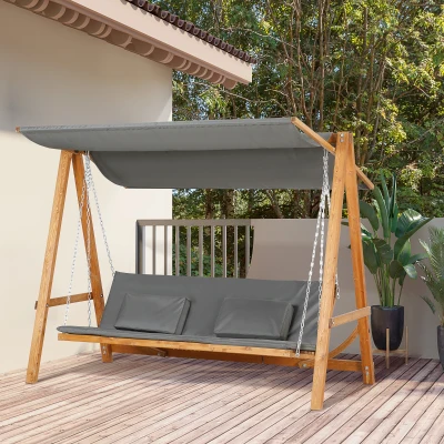 Outsunny Hollywoodschaukel mit Bettfunktion 3-Sitzer Gartenschaukel Holzschaukel mit verstellbarem Sonnendach Schaukelbank belast 250kg Gartenliege für Terrasse, 225,5 x 113 x 180 cm Grau+Teak