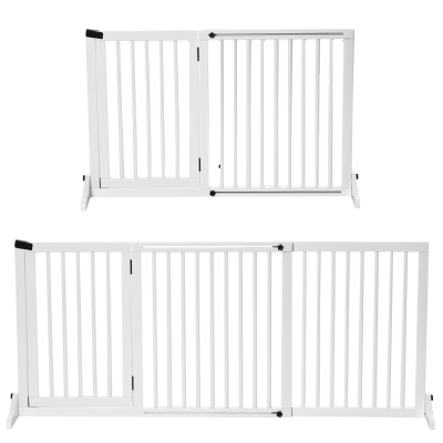 PawHut Absperrgitter Hunde Türschutzgitter Schutzgitter aus Holz Freistehendes Hundegitter mit Tür Hundeabsperrgitter Konfigurationsgitter für Kamin & Ofen Weiß 113-166 x 36 x 71 cm
