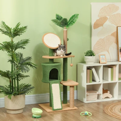 PawHut Kratzbaum, 139 cm Katzenbaum mit Höhle, Spielbällen, Sisal-Kratzpfosten und Plattformen, für zwei Katzen, Grün