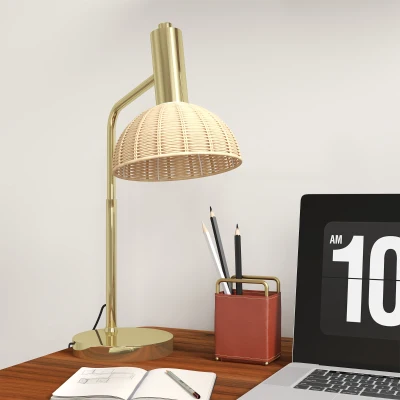 HOMCOM Tischlampe mit Rattan-Lampenschirm, Metallrahmen, inkl. LED-Birne, Farbe: Bronze+Rattan