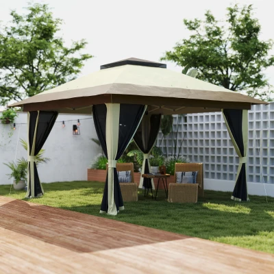 Outsunny Cenador Plegable 3,6x3,6 m con Laterales de Malla UPF50+ Altura Ajustable Bolsa con Ruedas y Bolsas de Arena Crema