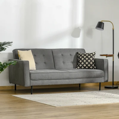 HOMCOM Schlafsofa 3-Sitzer Schlafcouch Stoffsofa Sofa mit Schlaffunktion Bettsofa mit verstellbarem Winkel Vintage Eukalyptusholz Baumwolle Grau
