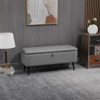 HOMCOM Storage Ottoman Rectangular Grey Linen Fabric