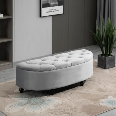 HOMCOM Sitzbank mit Stauraum Polsterbank mit Samtoptik, geöffnetem Deckel Sitztruhe mit Holzbeine, Truhenbank für Wohnzimmer Flur Schlafzimmer 120 x 46 x 42 cm, Grau