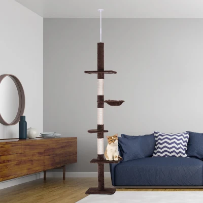 PawHut Arbre à Chat Marron 5 Niveaux L40xH230-260cm