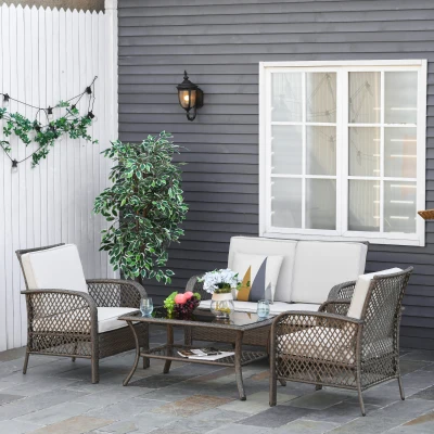 Outsunny Set mobile da giardino 125cm x 75cm x 88cm Vimini marrone, Tessuto Cachi