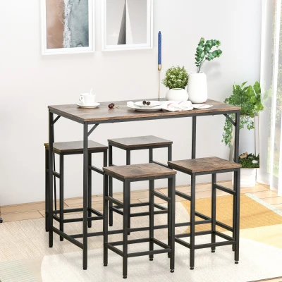 HOMCOM 5-teiliges Bartisch Set Bartisch mit Barhocker-Set Esstisch mit 4 Stühlen Küchentisch für Esszimmer, Küche, Rustikal-Braun+Schwarz