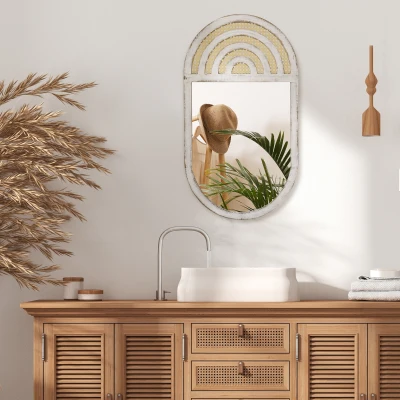 HOMCOM Wandspiegel, Rattan-Dekor, Haken für Wandmontage, weiß, 50 x 90 x 3 cm