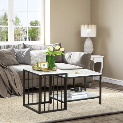 HOMCOM Marble-Effect Nesting Coffee Tables Steel White/Black
