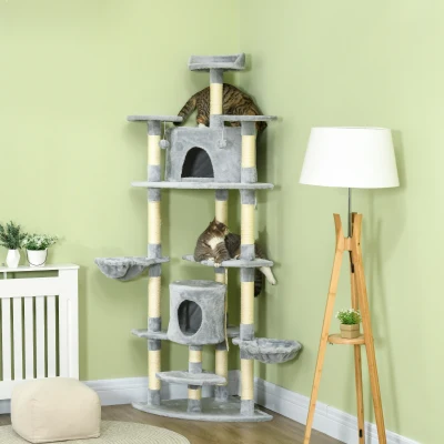 PawHut Árbol Rascador para Gatos 200 cm Torre para Gatos con 2 Cuevas 2 Hamacas Cama Postes de Sisal 60x60x200 cm Gris