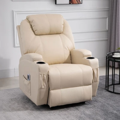 HOMCOM Massagesessel Elektrisch Relaxsessel Fernsehsessel Massagefunktion Liegefunktion TV-Sessel mit 2 Seitentaschen und Getränkehalter Kunstleder Beige 82 x 97 x 110 cm