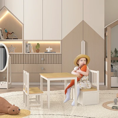 HOMCOM Mesa y Sillas Infantiles de 4 Piezas Mesa Infantil con 2 Sillas y Banco con Almacenaje Juego de Muebles para Actividades para Niños de +3 Años para Dormitorio Sala de Juegos Blanco y Natural