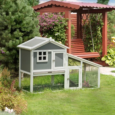 PawHut Two-Tier Rabbit Hutch with Sunlight Roof Grey
