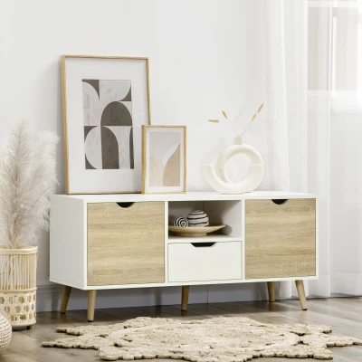 HOMCOM Mueble de TV con Cajón 2 Puertas y Estante para Televisores de hasta 50'' 110x40x50 cm Blanco y Madera Natural