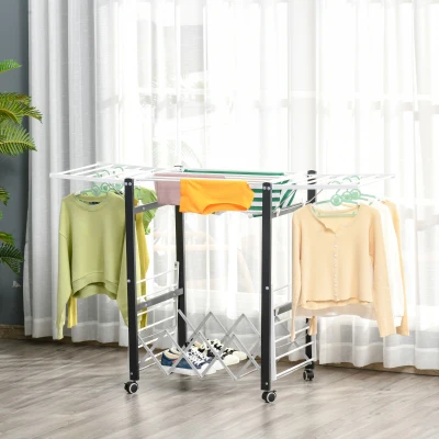 HOMCOM Tendedero de Ropa con Ruedas Plegable Tendedor Vertical de Aluminio con 4 Alas Laterales y Estante 157,5x54x101cm Blanco