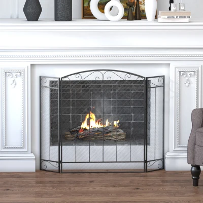 HOMCOM Pare-feu Cheminée 3 Volets Pliables Métal Noir