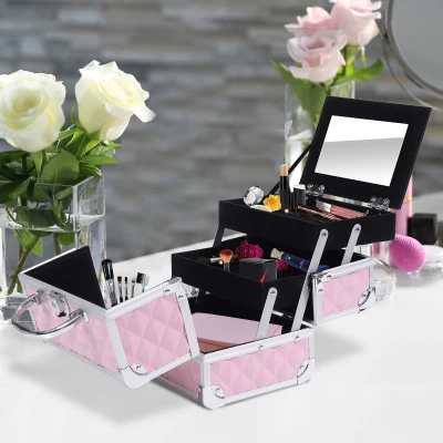 HOMCOM Maletín de Maquillaje Organizador Cosméticos Profesional Estuche de Maquillaje Caja de Belleza Portátil Con Espejo Cerradura Varios Compartimientos 20x15x15cm Aluminio